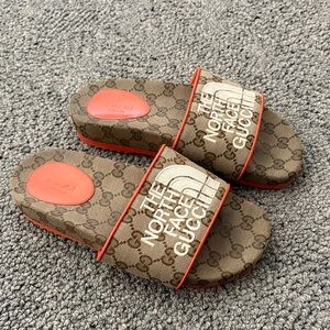 Gucci Brown GG Monogram Slides with Coral Trim